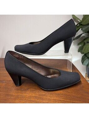 NEW Peter Kaiser 7.5 Black Pumps Fabric Leather Square Toe Cone Heel Shoe